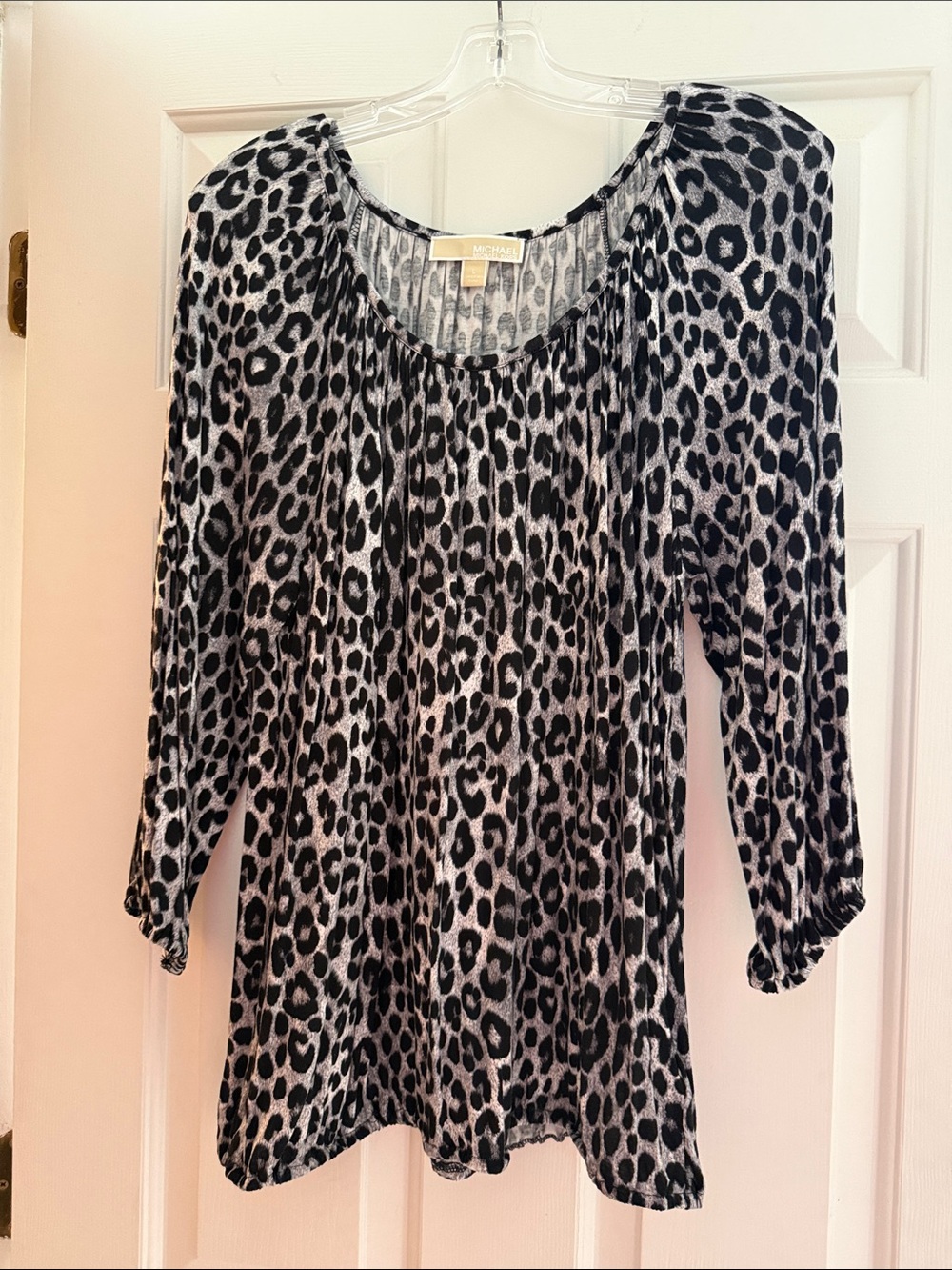 Michael Kors Black and White Leopard-Print Scoop Neck Blouse